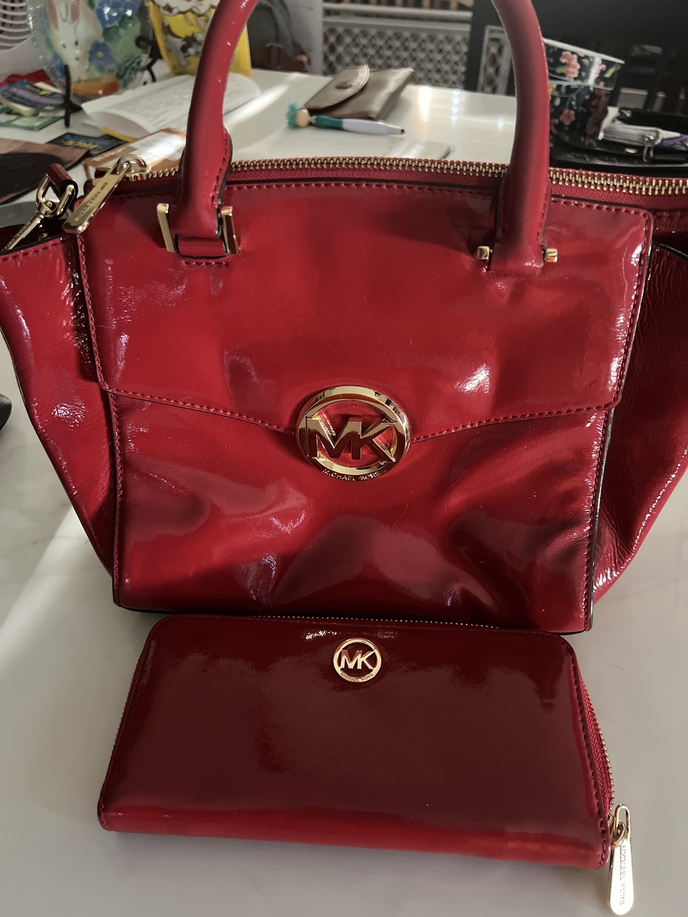 Michael Kors Red Patent Leather Satchel with Matching Wallet Set